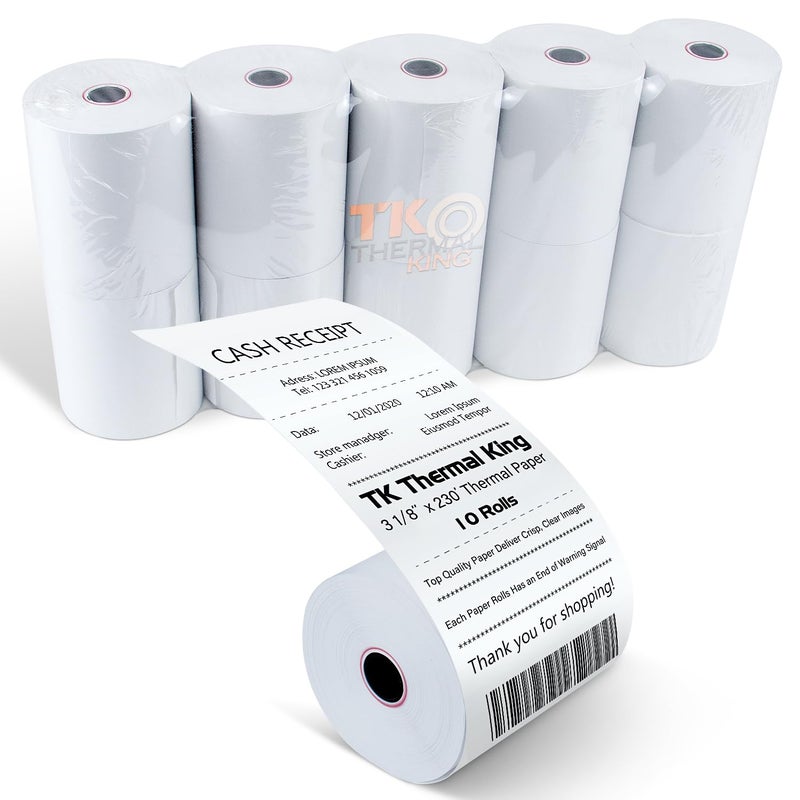 TK Thermal King  (10 Rolls) 3 1/8"" 230' feet White Thermal Paper Cash Register POS Receipt  Fits All Credit Card Terminal Printing Credit Card Paper Point Of Sale Cash Register White - Image 1